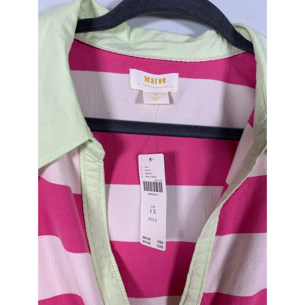 NWT Maeve Anthropologie Pink Rugby Stripe Puff Sleeve Polo Shirt 1X Preppy - Picture 4 of 7